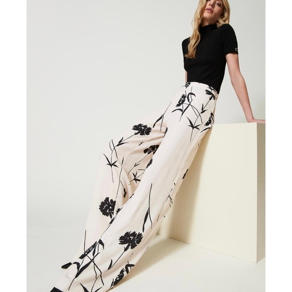 TWINSET Milano Palazzo Womens US4 IT40 Pants Cream Black Floral Print Wide Leg - Picture 2 of 16